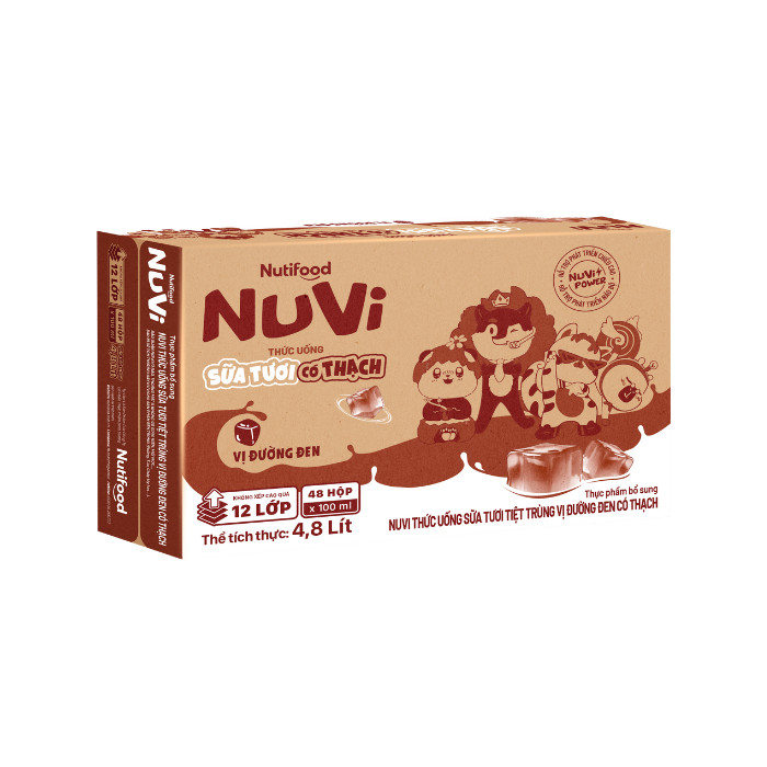 Thùng Sữa Tươi có Thạch vị đường đen Nuvi 100ml (48 Hộp x 100ml) - Phát Triển Chiều Cao, Tăng Cường 