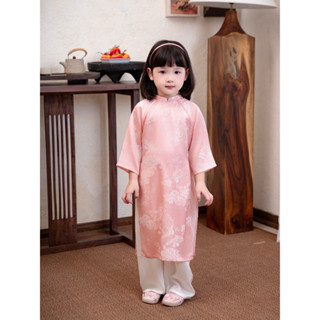  Set Áo Dài Bé Gái Carrot Hoạ Tiết Hạc Hoa Hồng Màu Hồng Chất Liệu Lụa Gấm 