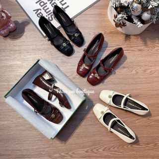 [Thảo Em - Có Sẵn] (GCH70 )  Giày búp bê nữ gót 3-4p da mềm khuy cài ngang phối nơ hoa trà cao cấp