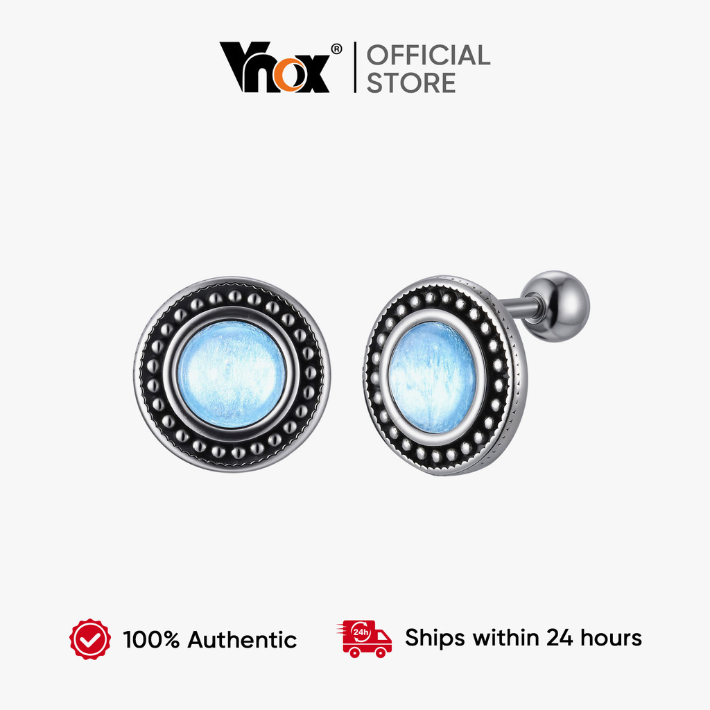 Vnox Men's Stainless Steel Blue Stud Earrings Polished Silver Tone Hypoallergenic Fashion Jewelry fo