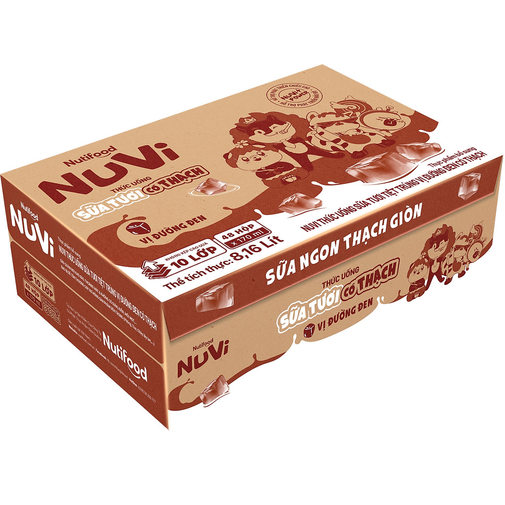 Thùng Sữa Tươi có Thạch vị đường đen Nuvi 170ml (48 Hộp x 170ml) - Phát Triển Chiều Cao, Tăng Cường 