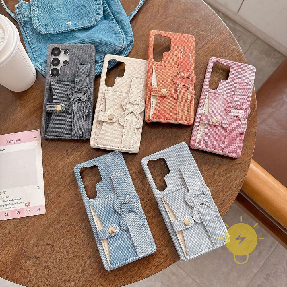 Phone Case For SAMSUNG Galaxy S25 Ultra S24 S23 S22  TPU Fabric Cow Heart Card Slot Aesthetic Korean