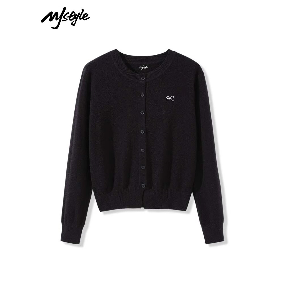 MJstyle Áo Len Cardigan Áo Khoác Nữ 2026 Phong Cách Mới Màu Đen Bên Ngoài Nơ Thêu Dệt Kim Ngắn Top