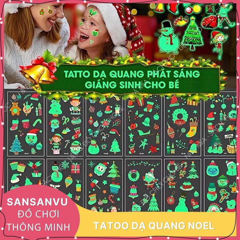 Sét 10 tấm gần 200 hình xăm Noel dạ quang phát sáng noel, giáng sinh cho bé, hình dán tattoo tạm thờ
