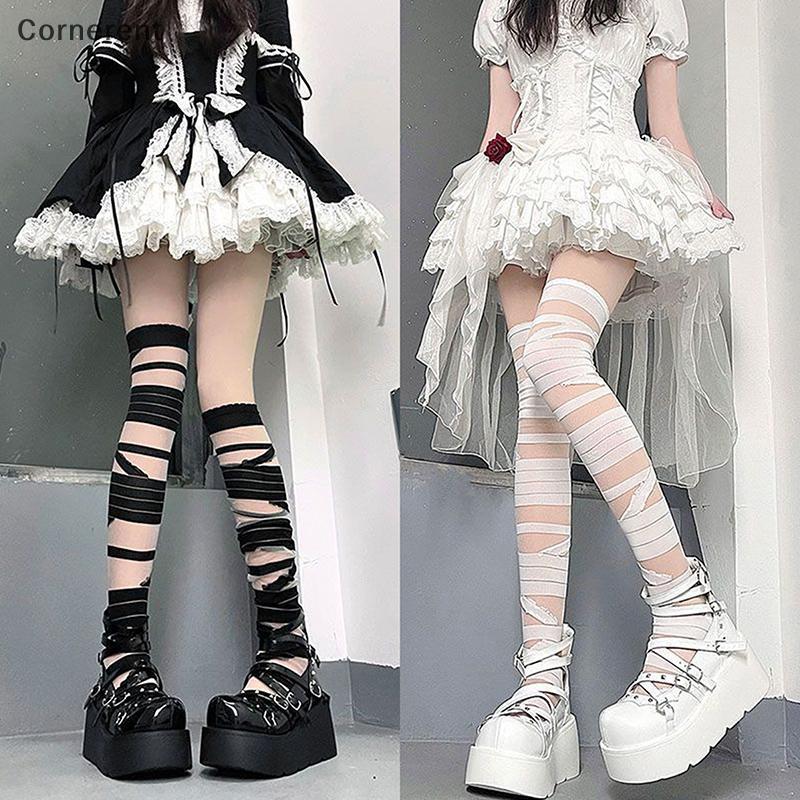 Không Nữ Băng Sọc Dài Vớ Nữ Nhật Bản Lolita Jk Y2k Gợi Cảm Mùa Hè Đeo Chéo Dài Ống Dài Vớ Trắng Khôn