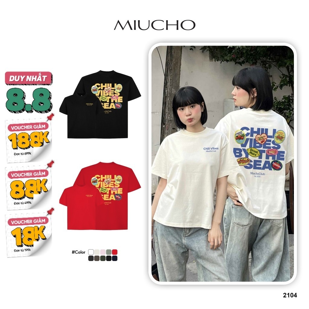 (COD) Áo thun boxy chill vibes 2104 Miucho cổ tròn vải cotton 2c đứng form in mix