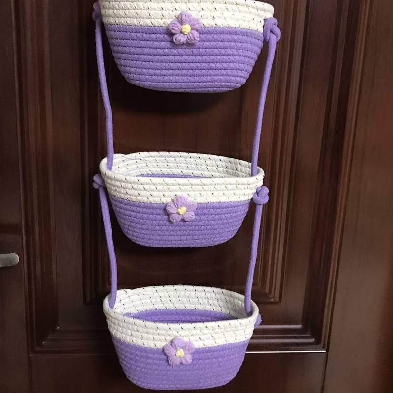 Small Purple Flower Three-Layer Two Colors Hanging Storage Bag Hanging Toilet Rattan Storage Hanging