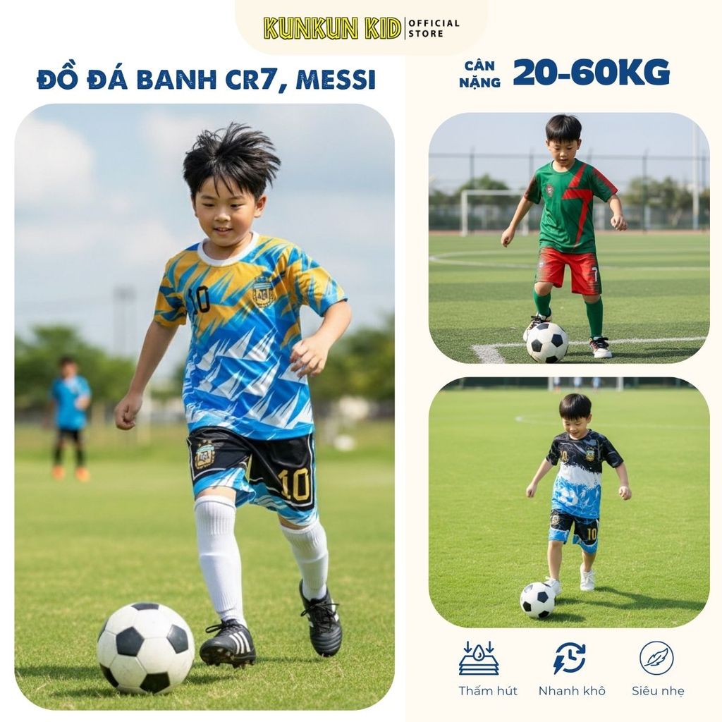 (20-60kg) Đồ Bộ Thể Thao Bé Trai In 3D Cầu Thủ – Đá Banh, Bóng Rổ Ronaldo, Messi TP1290| KunKun Kids