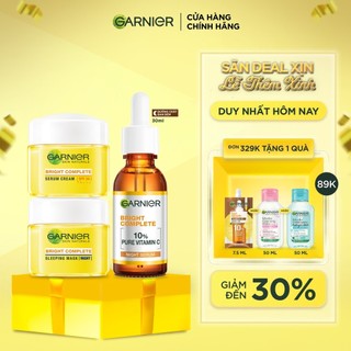  Bộ ba Dưỡng chất ban đêm  Garnier 10% Vitamin C nguyên chất  & Kem dưỡng ngày đêm   30mlX18mlX18ml  