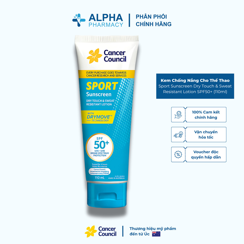 Kem Chống Nắng Cho Hoạt Động Thể Thao Cancer Council Sport Sunscreen Dry Touch & Sweat Resistant Lot