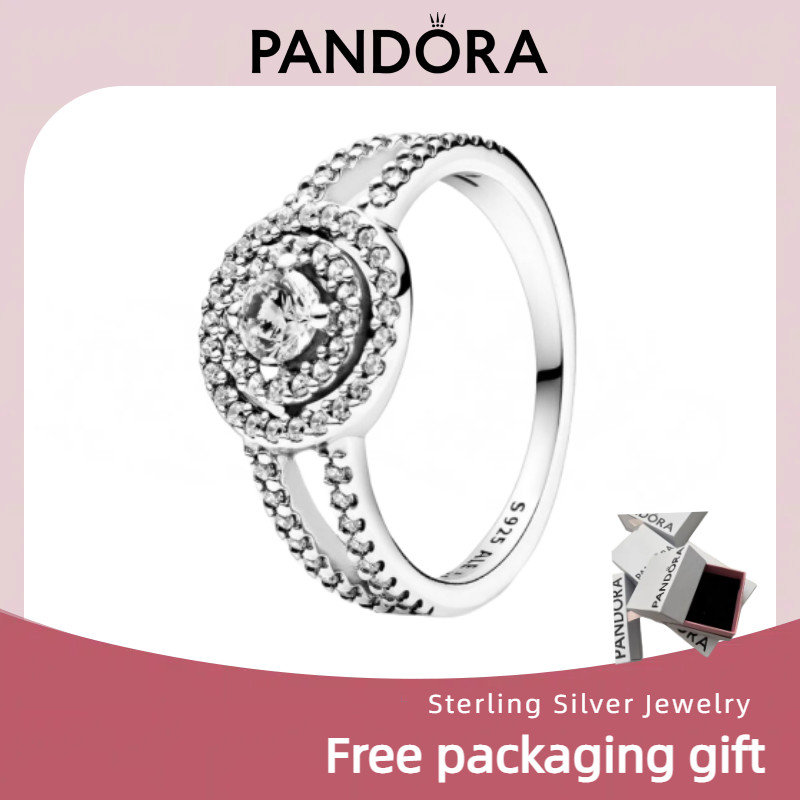 Pandora S925 Bạc Trang Sức Mặt Dây Chuyền và Vòng Tay Lấp Lánh - Bộ quà tặng halo ring đôi