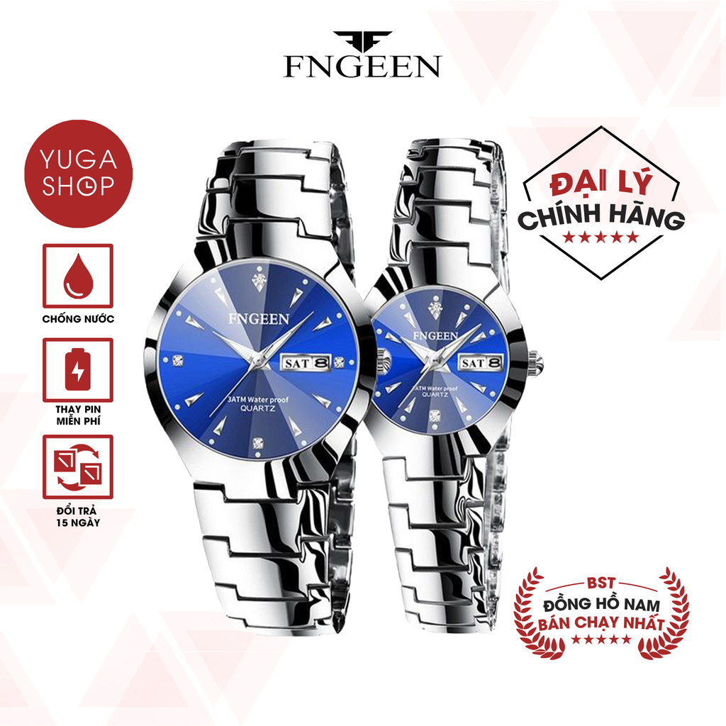 Đồng hồ nam nữ FNGEEN FC mặt tròn có lịch thứ lịch ngày, dây thép không gỉ