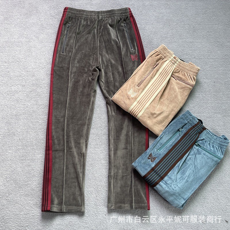 IQGI Needles track pants Velvet Ribbon Pants Japanese Retro Casual Loose Straight Long Pants