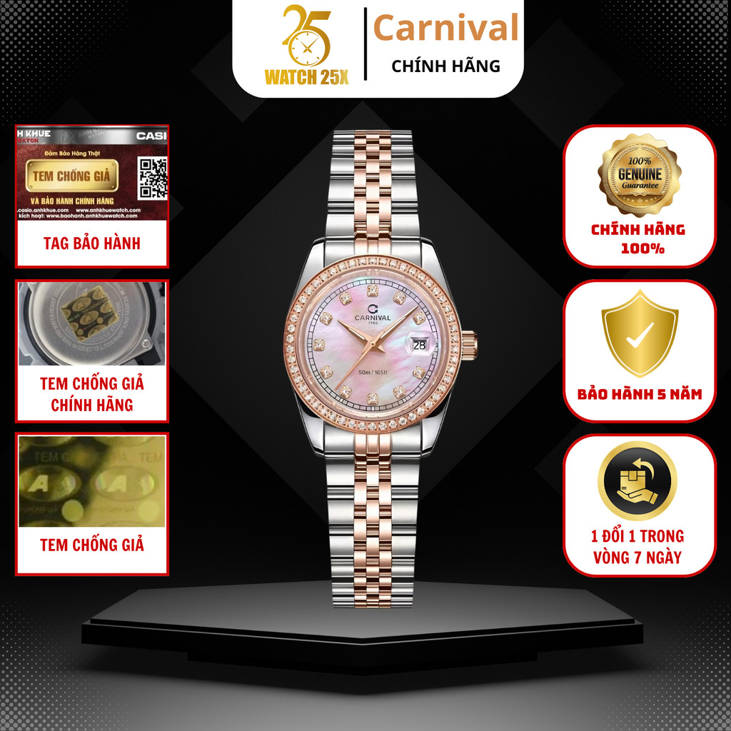 Đồng Hồ Nữ Pin/Quartz Carnival 8131L2-CH-HK Watch25x - Demi Bạc Vàng Hồng Mặt Xà Cừ Hồng Đính Đá