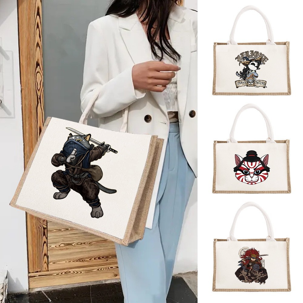 Reusable Jute Burlap Shopping Bag Handbags for Women Grocery Eco Bag Female Tote Bag Cloth  Purse Sa