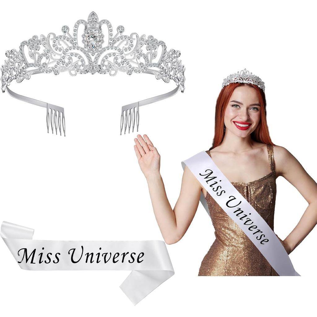Yinke Miss Universe Halloween Cross Body Sash & Tiara Bạc Pha Lê - Thanh Lịch cho Cuộc Thi và Tiệc H