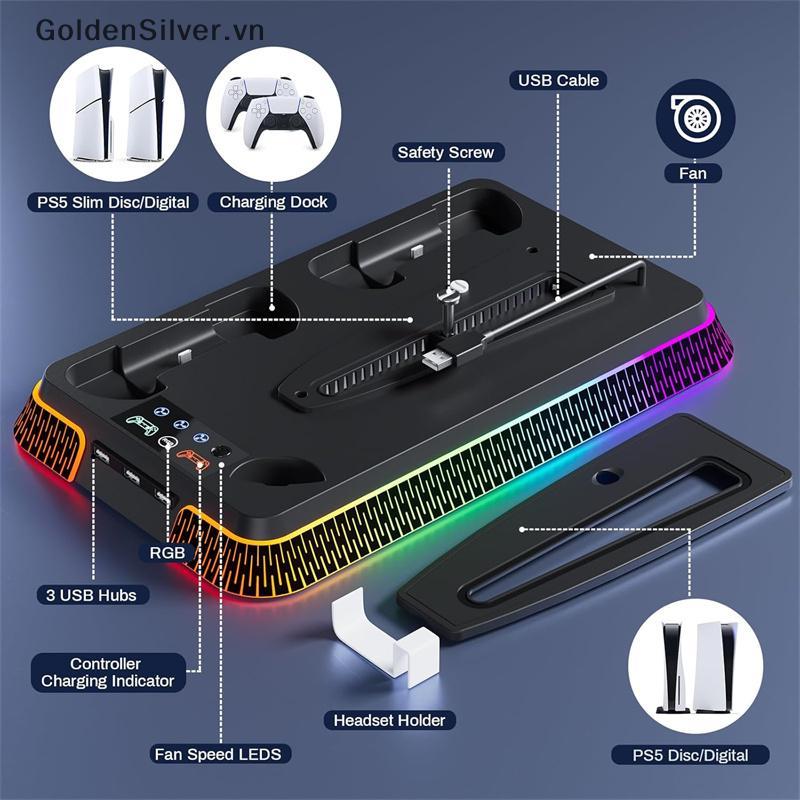 GoldenSilver Cho PS5 Pro PS5 Slim Games Console Đứng Dọc Trạm Làm Mát Quạt Làm Mát Bộ Điều Khiển Sạc