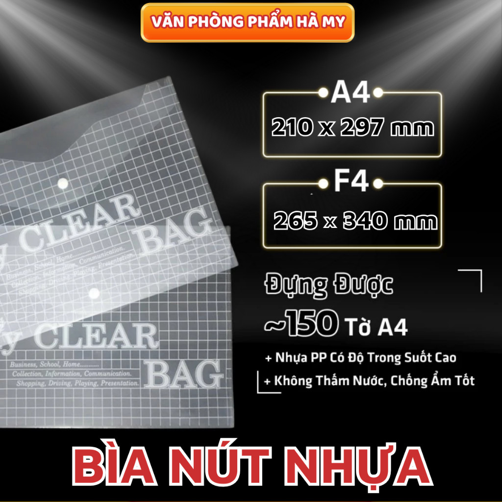 Xấp 12 Cái Bìa Nút Nhựa A4/F4/A5 My Clear Bag, Bìa Sơ Mi PP Dày Trong Suốt Bảo Vệ Tài Liệu