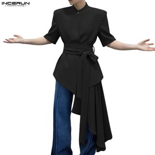 INCERUN Áo Blazers Nam Vintage Cổ Tay Ngắn Eo Ren Xù Phối Dài