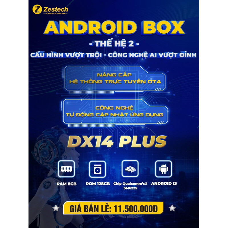 Android box Zestech DX14 PLUS thế hệ thứ 2,Năm 2025 RAM 8GB, ROM 128GB(Tặng Cam Hành Trình + Sim 4G)