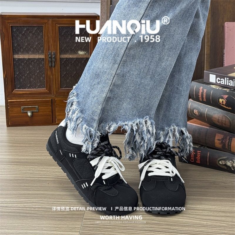 HUANQIU Giày German Trainer Nữ - Mới, Phẳng Nâng Cao, Đen Nhẹ Nhàng & Đa Năng