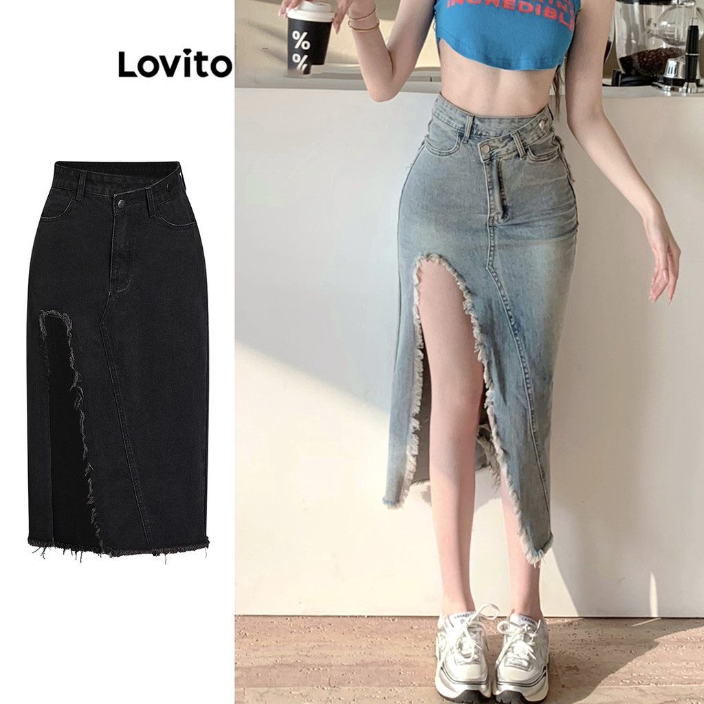 Lovito Váy thường ngày Váy trơn viền thô xẻ đùi cho nữ LNA19252 (Xanh dương)