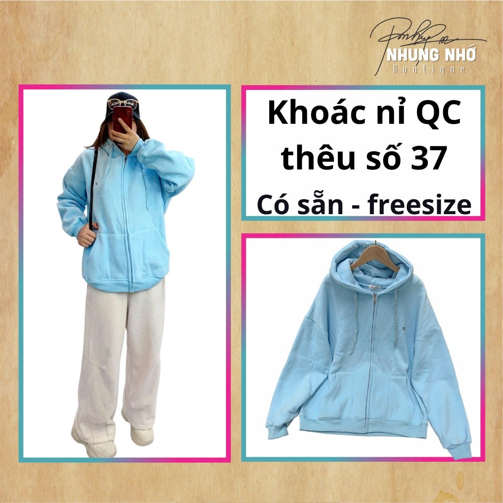 [QC Sẵn sll] Áo khoác nỉ 9088 trơn thêu số 37 có mũ lót bông hàng Quảng Châu Nhung Nhớ Boutique