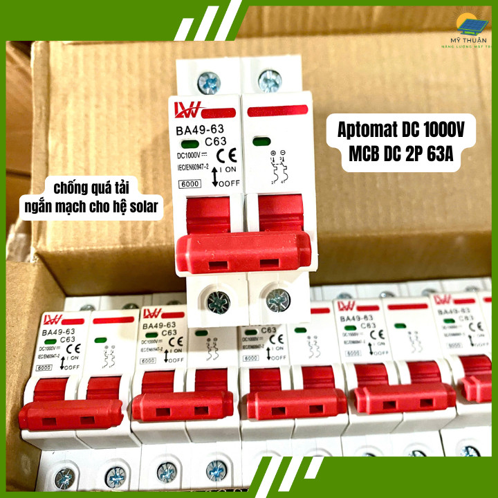 Aptomat 1 Chiều CB DC 1000V Chuyên Dụng Cho Hệ Thống Điện 1 Chiều 2P 63A