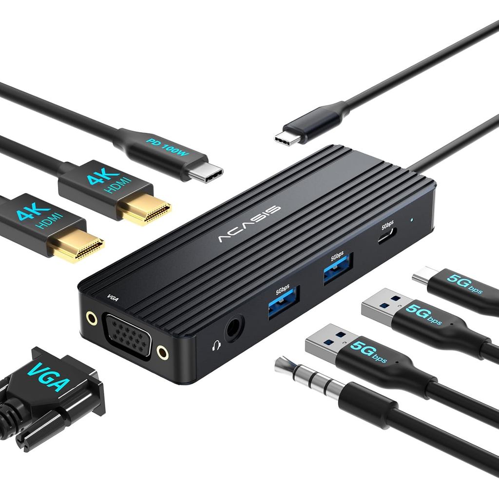Trạm Docking ACASIS USB C Màn hình kép, Trạm Docking Laptop 8 trong 1 có màn hình kép 2 * HDMI + VGA