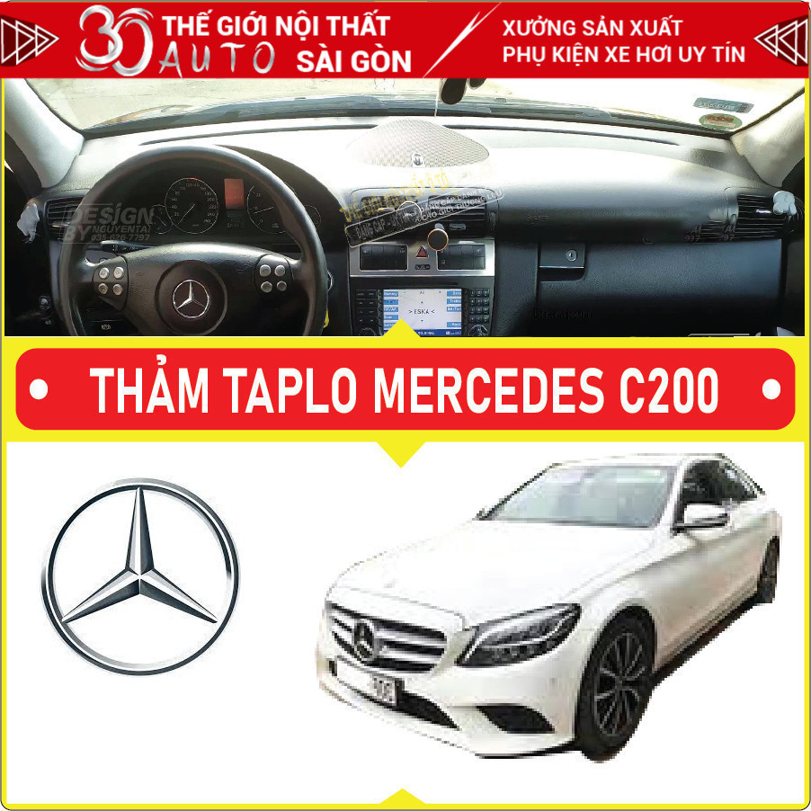 Thảm taplo Mercedes Merc C200 2002 - 2026 da carbon, da vân gỗ đen, nhung cừu cao cấp