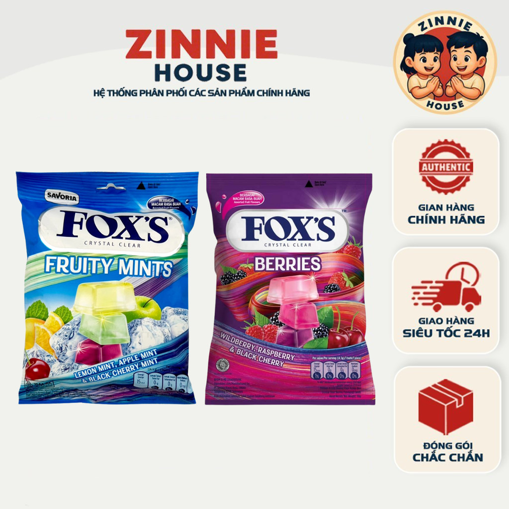 [GÓI 90gr] Kẹo Fox's Crystal Clear 2 Vị Fruity Mints, Berries Candy