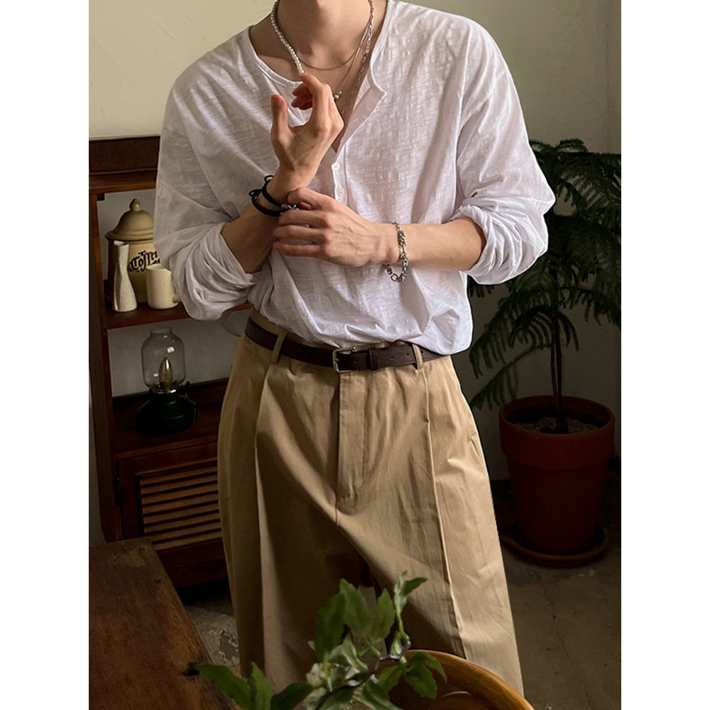 MYQ Henry Collar Loose Long Sleeve T Men's Autumn Bamboo Cotton Base Shirt Trendy Old Money Style To