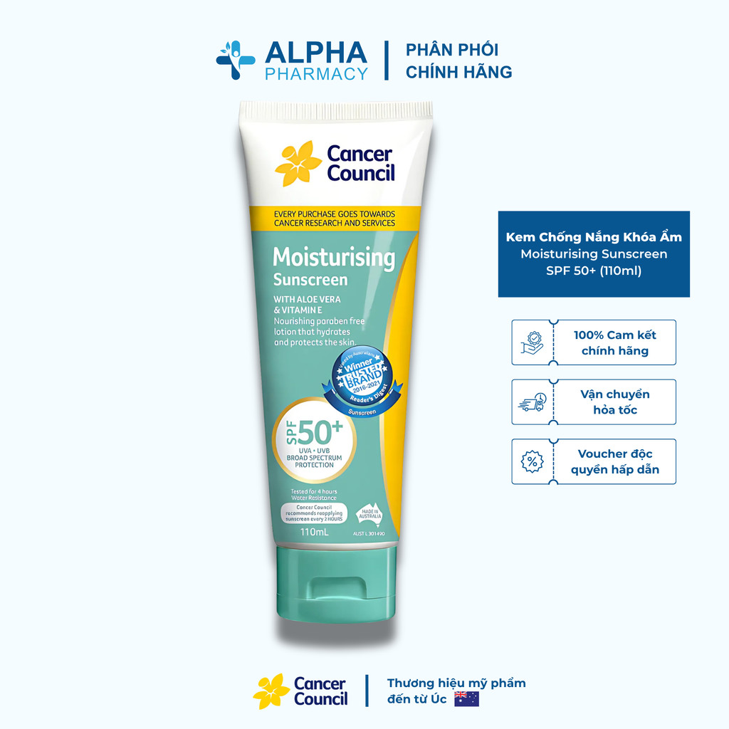 Kem Chống Nắng Khoá Ẩm Cancer Council Moisturising Sunscreen SPF 50+ - 110ml