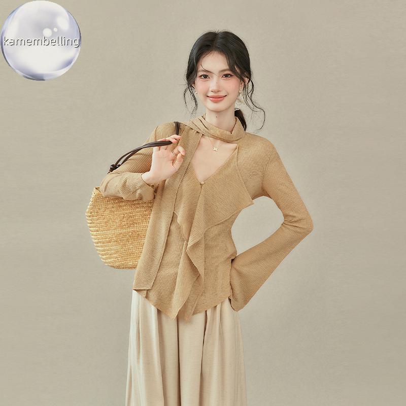 Kamembelling Áo Thun Cổ Chữ V Sense Ribbon Thu Đông 2025, Dài Tay Slim Fit