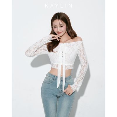 [SALE SỐC] Áo kiểu KAYLIN lưới trễ vai tay dài phối nơ form Croptop chất vải thun lưới gợi cảm BST Hè 2025 - A22T6