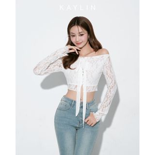   SALE SỐC  Áo kiểu KAYLIN lưới trễ vai tay dài phối nơ form Croptop chất vải thun lưới gợi cảm BST Hè 2025 - A22T6 