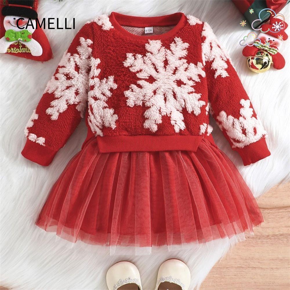 CAMELLI Váy tuyn bé gái mùa đông, Đầm dự tiệc hình bông tuyết dễ thương cho bé gái, Quần áo mùa thu 