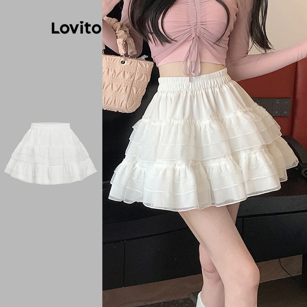 Chân váy nữ Lovito phối lưới ren tầng màu trơn xinh xắn L106AD927