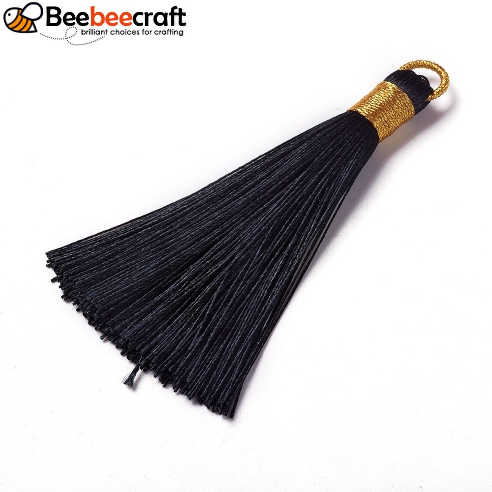 Mặt Dây Chuyền Tua Rua Polyester Màu Đen, Kích Thước 8cm x 7mm, Lỗ 5-7mm