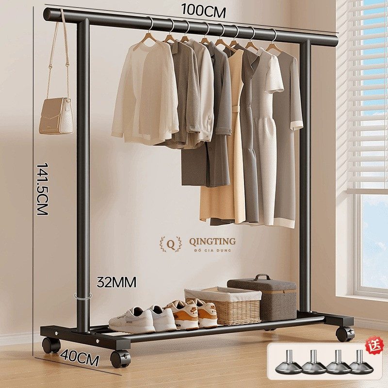 Giá Treo Quần Áo Phơi Decor Phòng Ngủ , Kệ Treo Quần Áo Carbon Không Gỉ, Có Bánh Xe, Khung Thép