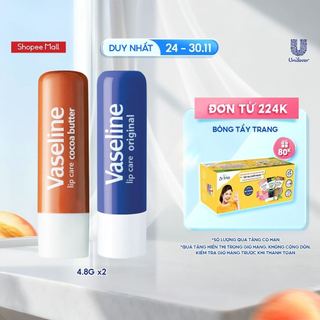  Bộ 2 son dưỡng môi Vaseline dạng thỏi Lip Care: Bơ Ca Cao và Mềm mịn   4.8g x2  