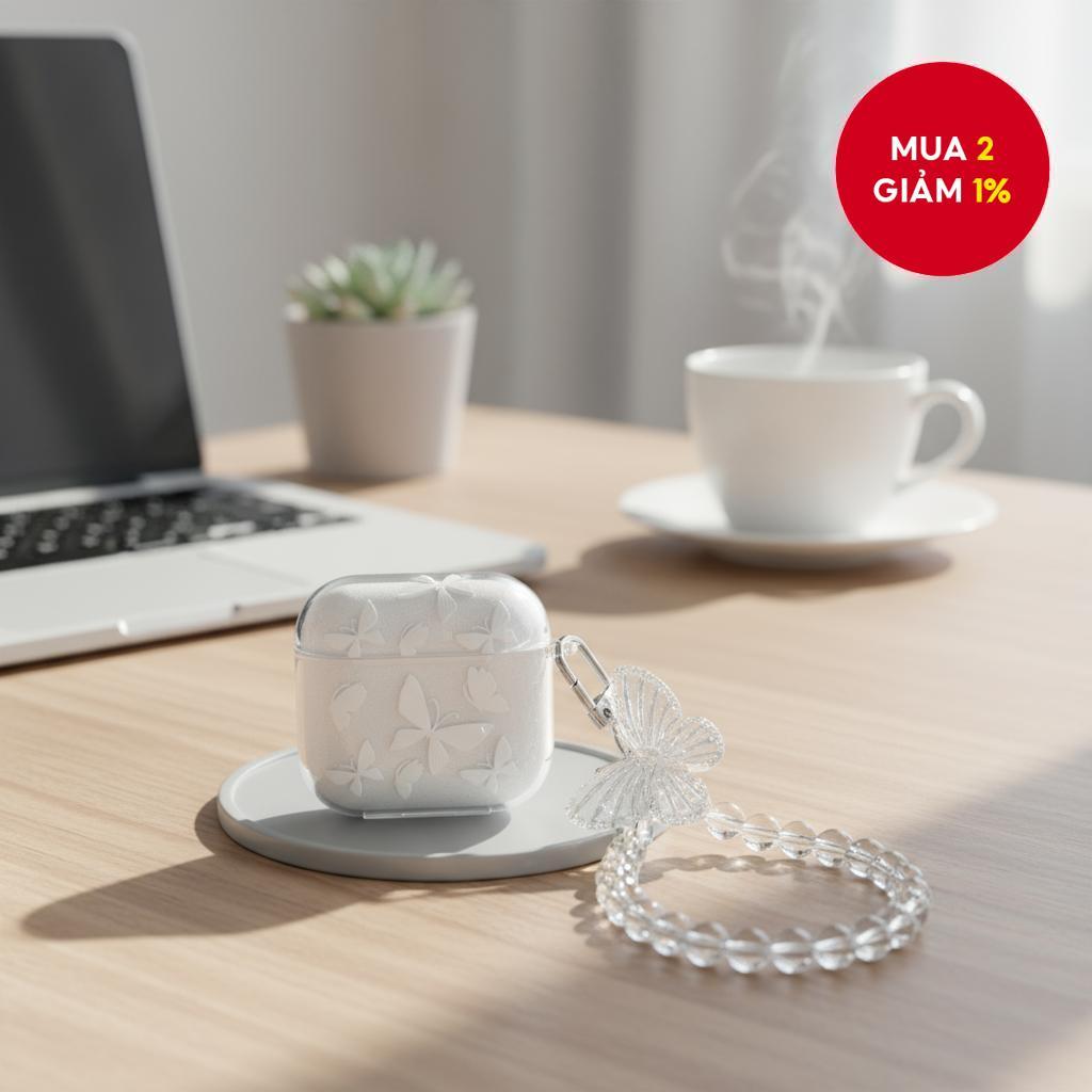 Ốp AirPods Bướm Trắng Sang Trọng cho AirPod 2/Pro/3, Ốp Mềm Có Giá Đỡ, Không Kèm Tai Nghe