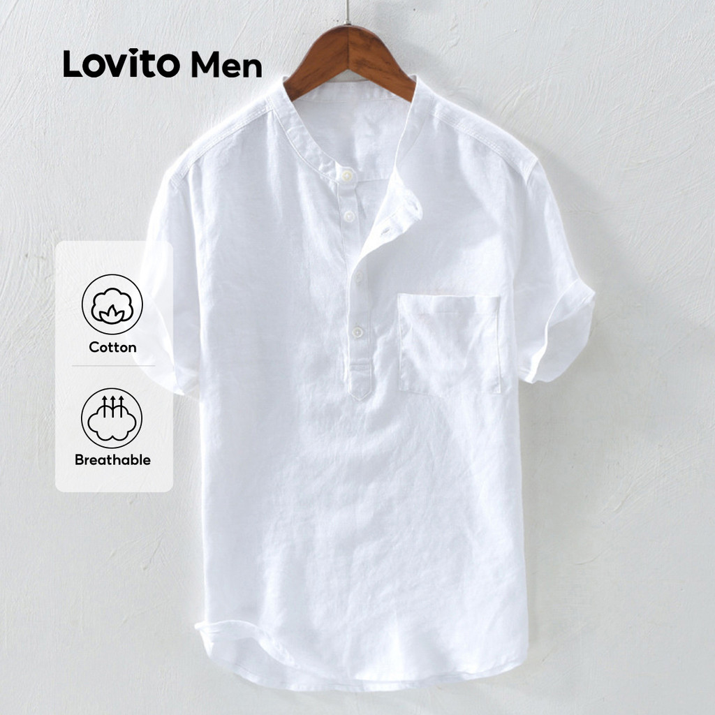 Lovito Áo sơ mi casual túi mùa xuân/hè áo sơ mi trắng dành cho nam LNE110005