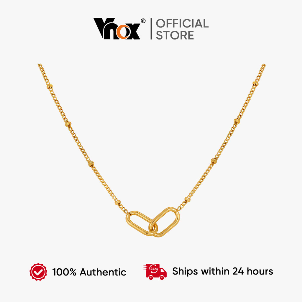 Vnox Gold Stainless Steel Double Ring Couple Necklace for Women Girl,Non-fade Eternity Beaded Neckla