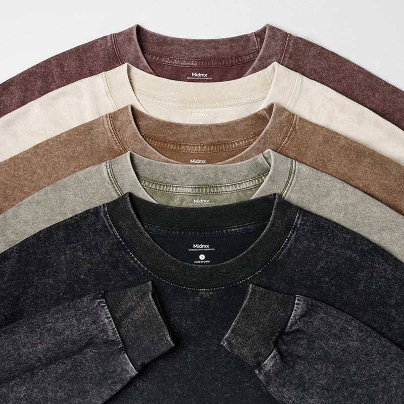Midmx Áo Thun Nam Dài Tay 280gsm 100% Cotton-cổ tay áo có gân