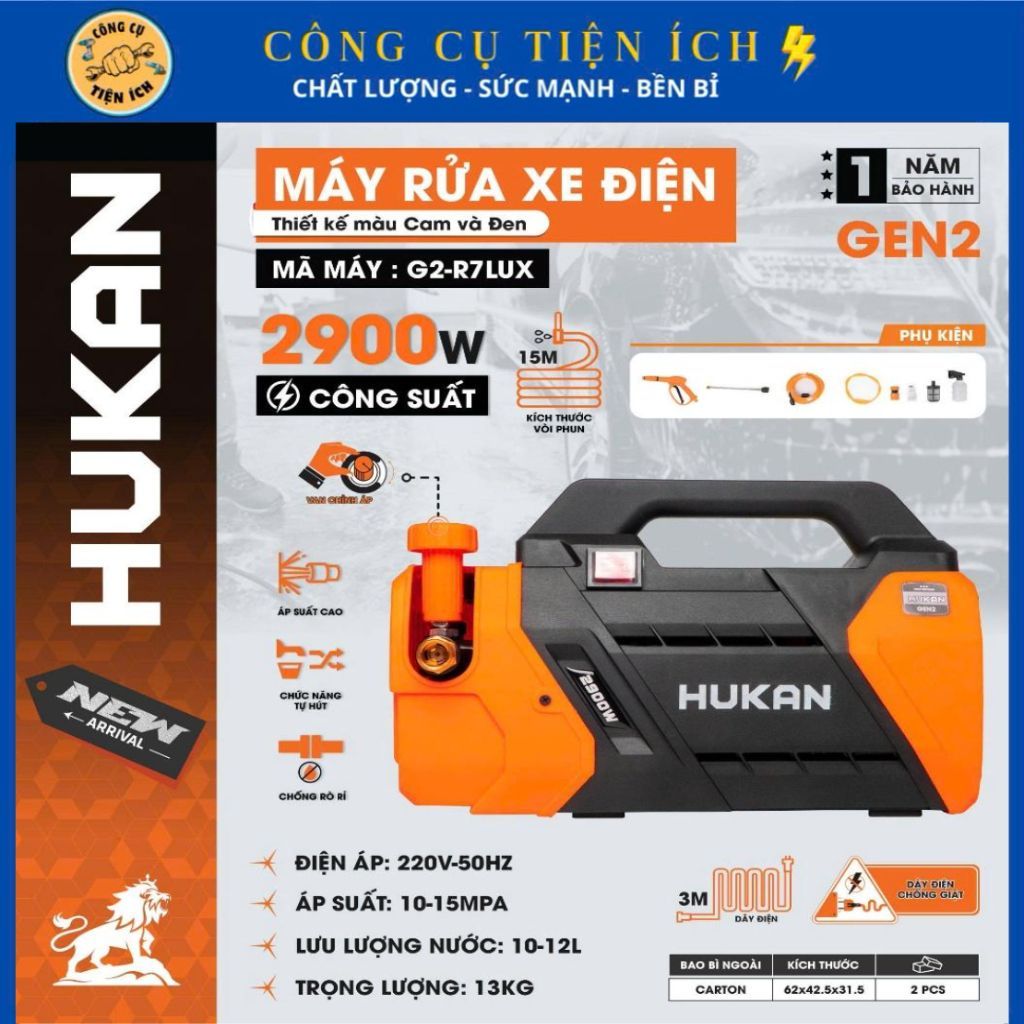 Máy Rửa Xe Chỉnh Áp HUKAN G2-R7LUX, Công Suất 2900W, Có ÁT Chống Giật, Áp Suất 10-15MPA, BH 12 Tháng