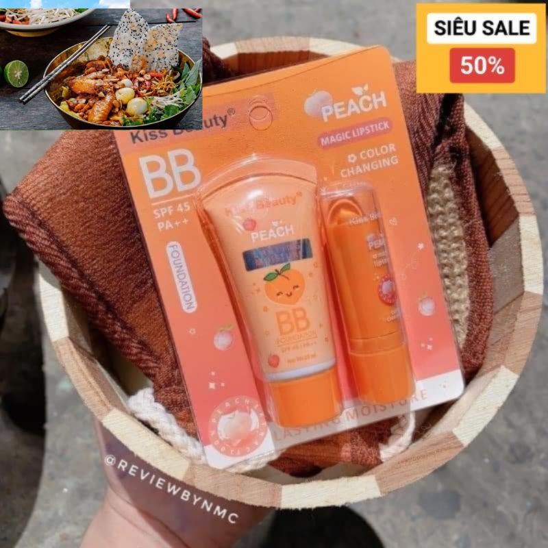 Kem nền Peach Kiss Beauty kiềm dầu + Son dưỡng môi Kiss beauty