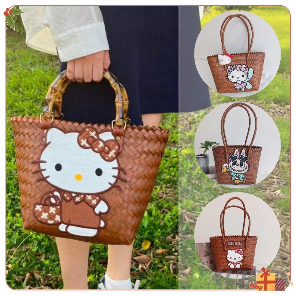 Phụ nữ dệt Hello Kitty ' s Túi xách hoạt hình dễ thương Giỏ dệt tay dung tích lớn Dệt thời trang nữ 