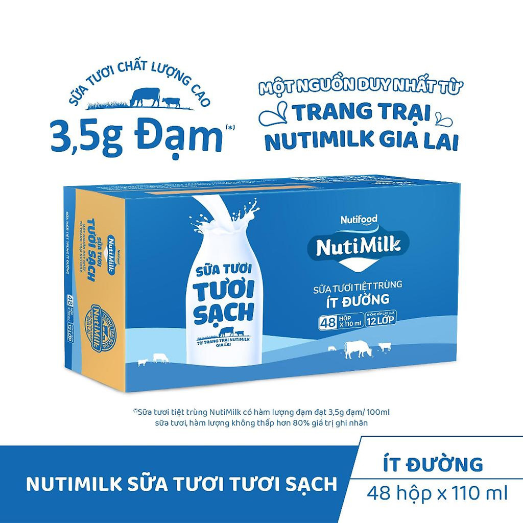 Thùng Sữa Tươi Tươi Sạch Nutimilk ít đường 110ml (Hộp 110ml x 48)