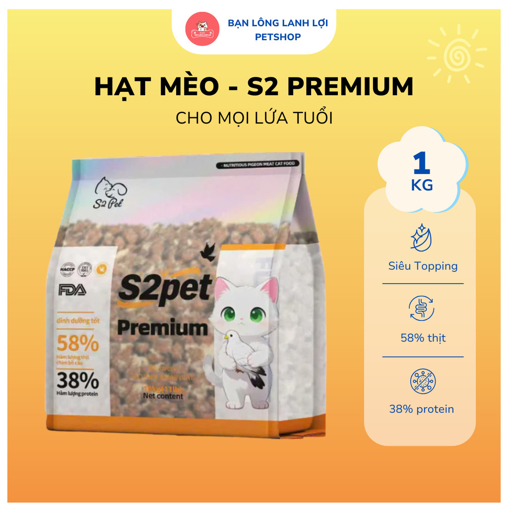 Thức Ăn Hạt Cho Mèo S2 PET S2 Premium Gói 1Kg Siêu Topping Ruốc Cho Mèo Mọi Lứa Tuổi